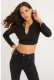 Kadın Siyah Polo Yaka Kaşkorse Crop Bluz Yİ2347