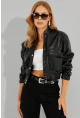 Kadın Siyah Suni Deri Kısa Bomber Ceket LST57