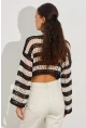 Kadın Siyah-Taş Ajurlu Crop Triko Bluz YV137