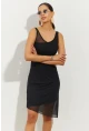 Kadın Siyah Tül Detaylı Asimetrik Mini Elbise B2475