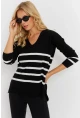 Kadın Siyah V Yaka Çizgili Triko Kazak YİL550