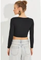 Kadın Siyah V Yaka Crop Bluz LPP1241