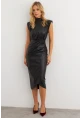 Kadın Siyah Vatkalı Drape Suni Deri Midi Elbise KSD1195