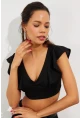 Kadın Siyah Volanlı Crop Bluz B2589