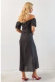 Kadın Siyah Yırtmaçlı Desenli Midi Elbise KED0243