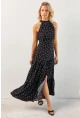 Kadın Siyah Yırtmaçlı Puantiyeli Midi Elbise KED4233