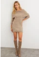 Kadın Sütlü Kahve Madonna Yaka Triko Tunik Elbise KAZ36