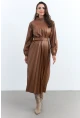 Kadın Taba Pileli Kemerli Maxi Elbise MALZ99