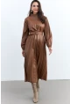 Kadın Taba Pileli Kemerli Maxi Elbise MALZ99