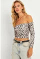 Kadın Taş Leopar Desenli Crop Bluz CG378
