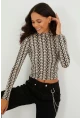 Kadın Taş Yarım Balıkçı Zebra Desen Bluz LPP1133
