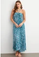 Kadın Turkuaz Büzgülü Desenli Midi Elbise KAB304