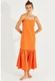 Kadın Turuncu Eteği Volanlı Askılı Midi Elbise MEN2001