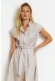 Kadın Vanilya Çizgili Midi Gömlek Elbise SF1000