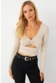 Kadın Vanilya Önü Pencereli Crop Bluz AYD393