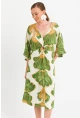 Kadın Yeşil-Beyaz Desenli Pencereli Midi Elbise Q1003