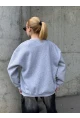 Boston Baskılı Gri Oversize Üç İplik Kadın Sweatshirt