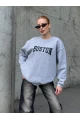 Boston Baskılı Gri Oversize Üç İplik Kadın Sweatshirt