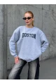 Boston Baskılı Gri Oversize Üç İplik Kadın Sweatshirt