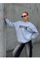 Boston Baskılı Gri Oversize Üç İplik Kadın Sweatshirt
