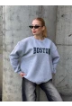 Boston Baskılı Gri Oversize Üç İplik Kadın Sweatshirt