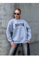 Boston Baskılı Gri Oversize Üç İplik Kadın Sweatshirt