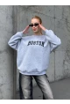 Boston Baskılı Gri Oversize Üç İplik Kadın Sweatshirt