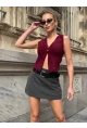 Düğmeli Yelek Model Crop Bluz Bordo