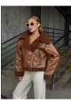 Fermuar Detaylı İçi Kürklü Suni Deri Mont Kahverengi