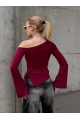 Kadın Bel Detay Kayık Yaka Uzun Kol Bordo Bluz
