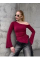 Kadın Bel Detay Kayık Yaka Uzun Kol Bordo Bluz