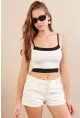 Kadın Beyaz Color Block Askılı Crop Bluz AN8082