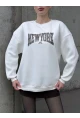 Kadın Beyaz Leopar Desenli New York Baskılı Oversize Sweatshirt