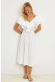 Kadın Beyaz Ön Arka V Volanlı Elbise KS113