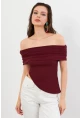 Kadın Bordo Asimetrik Madonna Yaka Bluz OPS4251