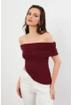 Kadın Bordo Asimetrik Madonna Yaka Bluz OPS4251