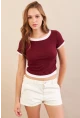 Kadın Bordo Büzgülü Beyaz Garnili Bluz MX9465
