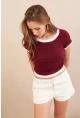 Kadın Bordo Büzgülü Beyaz Garnili Bluz MX9465