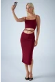 Kadın Bordo Sırtı Açık Pencereli Midi Elbise CEL001