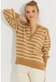 Kadın Camel Çizgili Triko Kazak SMT219