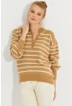 Kadın Camel Çizgili Triko Kazak SMT219