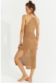 Kadın Camel Halter Yaka Ajurlu Midi Elbise SF2506