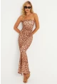 Kadın Camel Leopar Desenli Midi Straplez Yılbaşı Elbise XC001