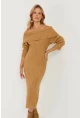 Kadın Camel Madonna Yaka Triko Midi Elbise KZ2503