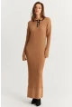 Kadın Camel Polo Yaka Triko Maxi Elbise MNUV17