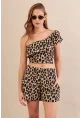 Kadın Camel-Siyah Desenli Crop Şort Takım EV100