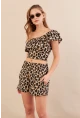 Kadın Camel-Siyah Desenli Crop Şort Takım EV100
