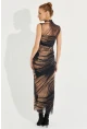 Kadın Camel-Siyah Desenli Maxi Tül Elbise RMZ21181