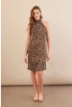 Kadın Camel-Siyah Halter Yaka Leopar Midi Elbise LPP1309