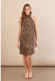 Kadın Camel-Siyah Halter Yaka Leopar Midi Elbise LPP1309